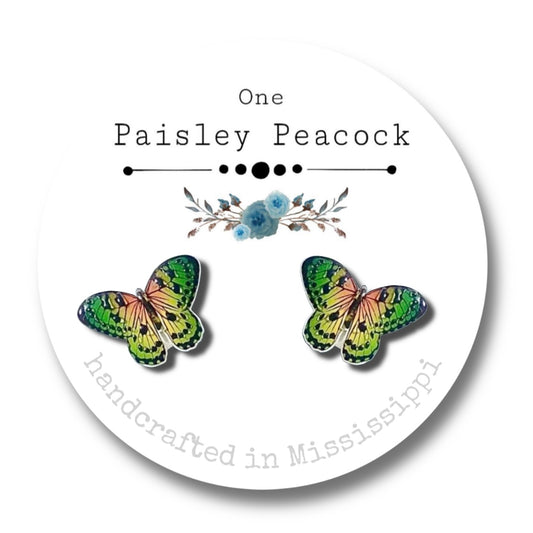 Butterfly Stud Earrings-Green Moth