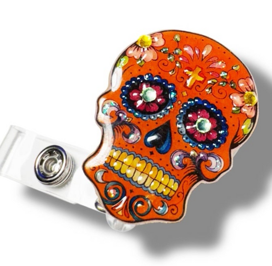 Badge Reel Orange Sugar Skull