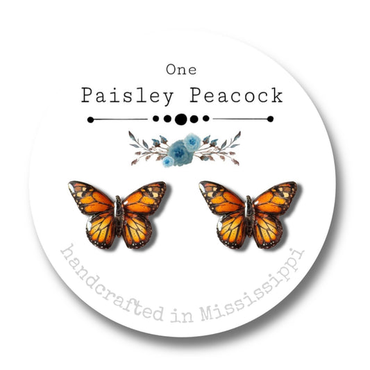 Butterfly Stud Earrings-Monarch-Tangerine