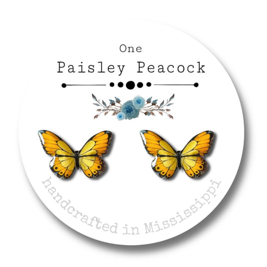 Butterfly Stud Earrings-Monarch-Yellow-Orange-Black