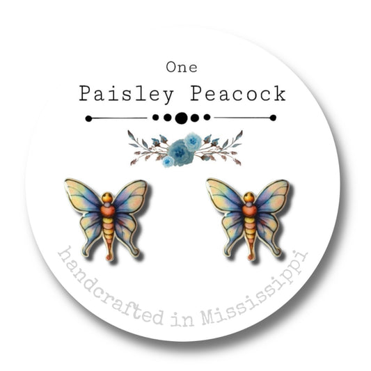 Butterfly Stud Earrings-whimsical-cream and blue