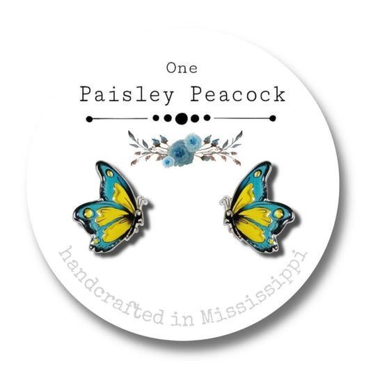 Butterfly Stud Earrings-Teal-Yellow
