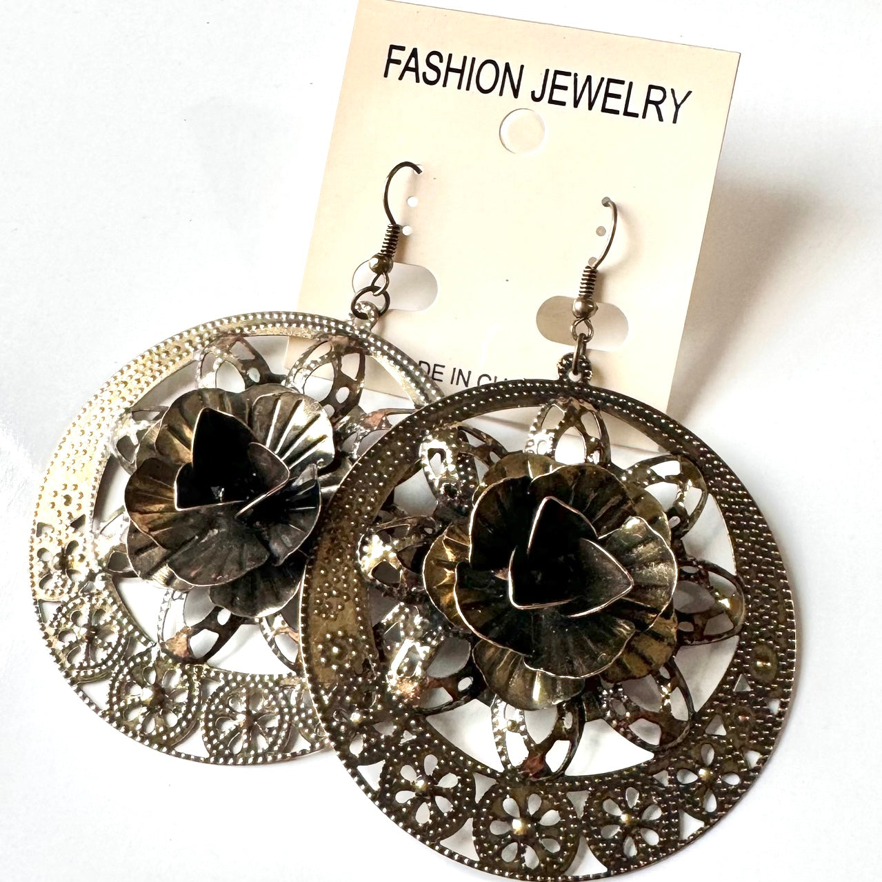 Rose Dangle Earrings antique gold finish