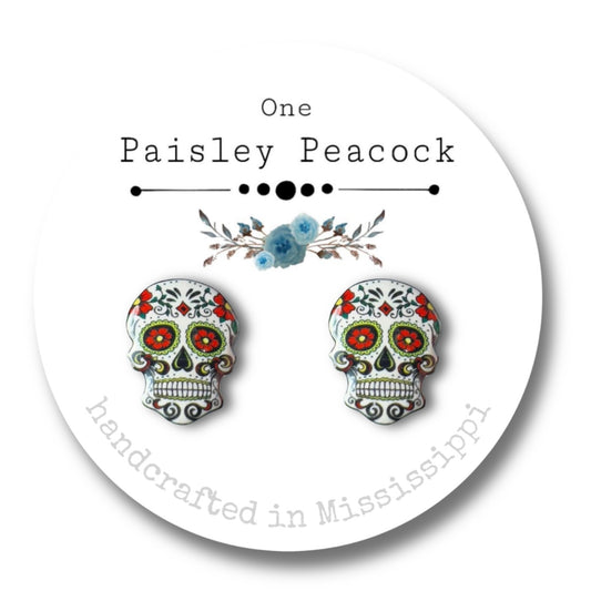 Sugar Skulls stud earrings-emerald-crimson