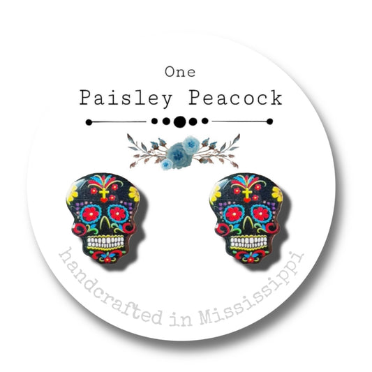 Sugar Skulls stud earrings-charcoal