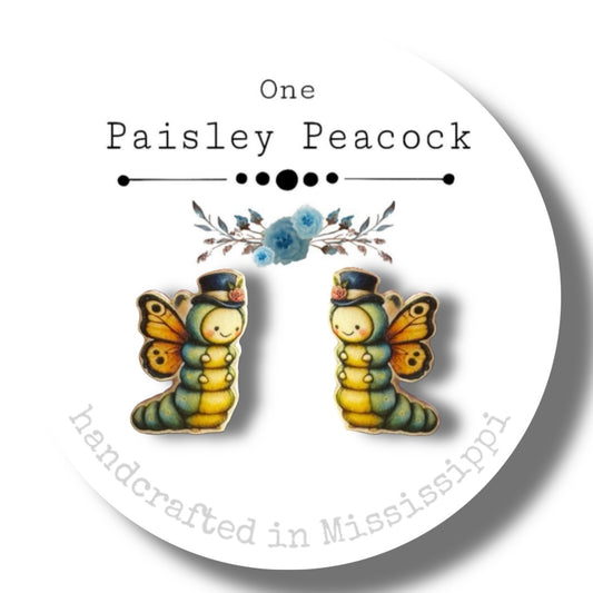 Stud Earrings-woodland butterfly caterpillar