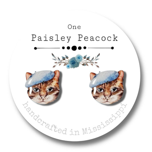Cat Stud Earrings-Blue Beret