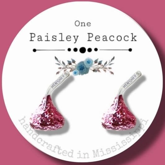 Valentines Day pink foil kisses stud post earrings