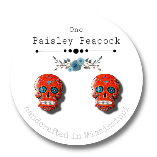 Sugar Skulls stud earrings-Crimson
