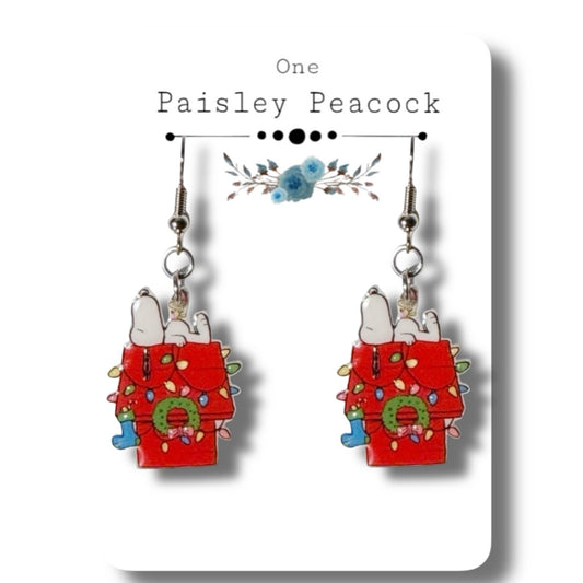 Dangle Earrings-snoopy doghouse Xmas