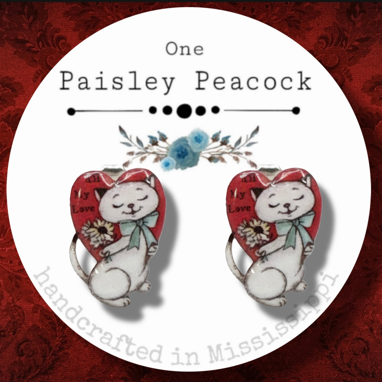 Valentines Day Cat vintage card inspired post earrings