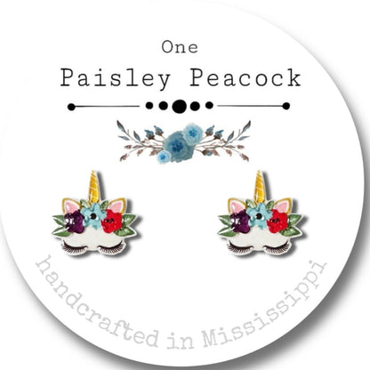 Cartoon stud earrings-floral unicorn