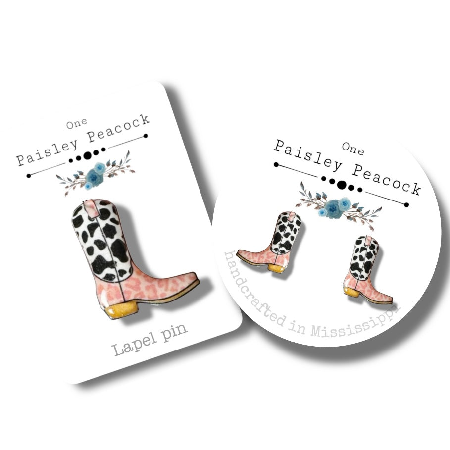 Stud Earrings or pin- COWboy boots pink
