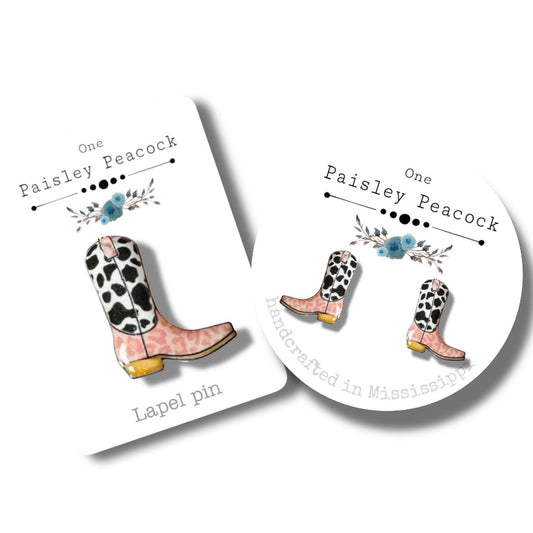 Stud Earrings or pin- COWboy boots pink