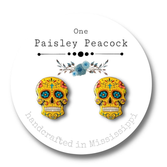 Sugar Skulls stud earrings-Mustard