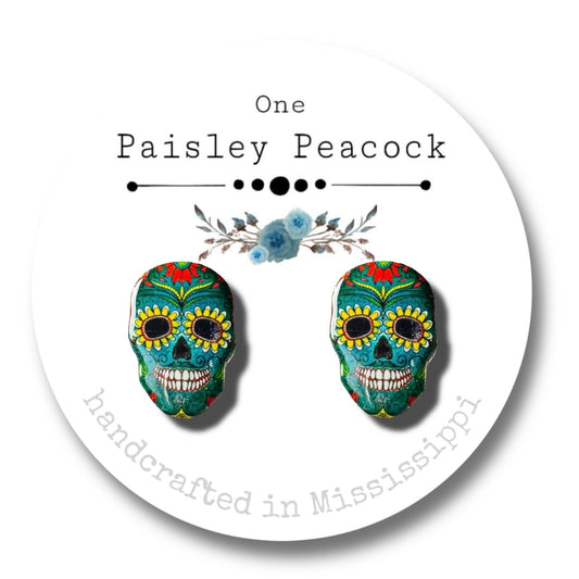 Sugar Skulls stud earrings-emerald