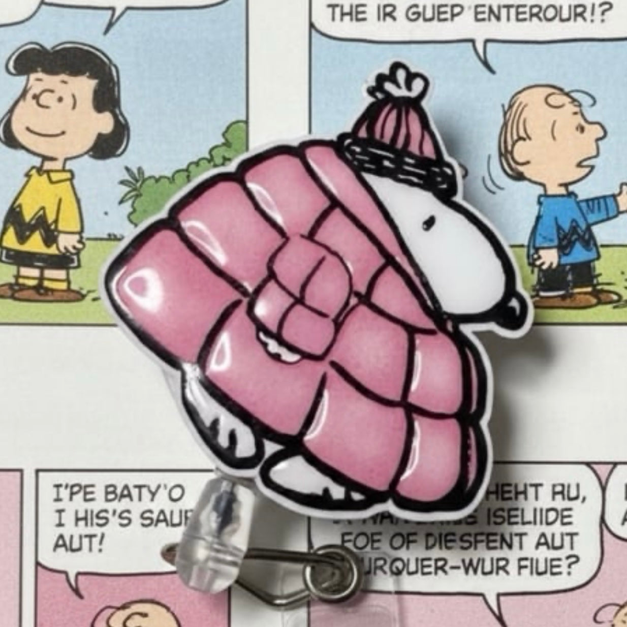 Snoopy Pink Puffer Badge Reel Inspired Handmade