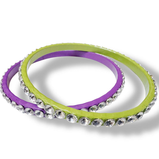 2 Metal Enamel Rhinestone Bangles- 1 stone missing