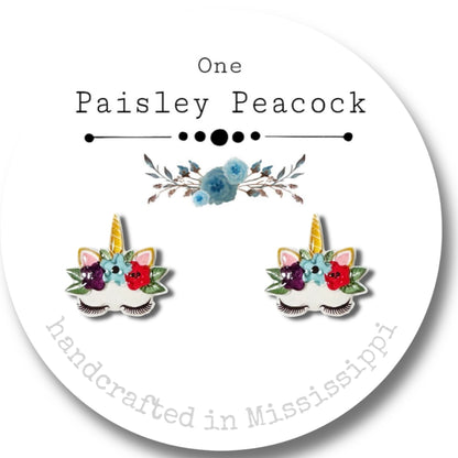 Cartoon stud earrings-floral unicorn