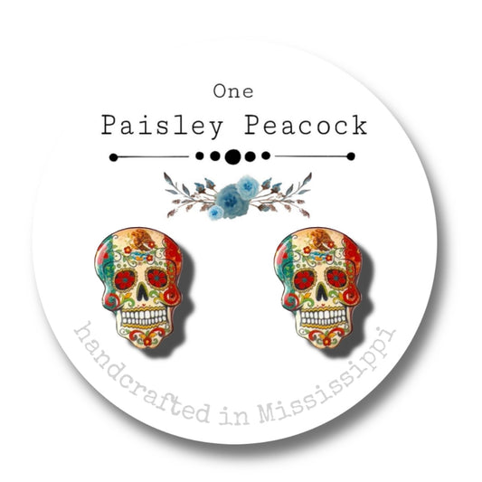 Sugar Skulls stud earrings-Mexican flag