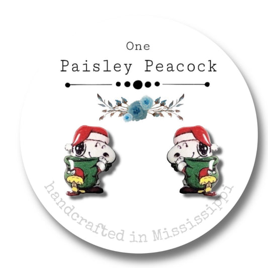 Stud earrings-snoopy santa bag