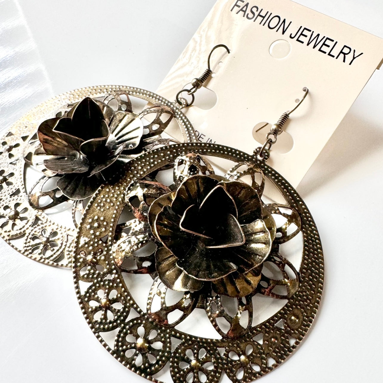 Rose Dangle Earrings antique gold finish