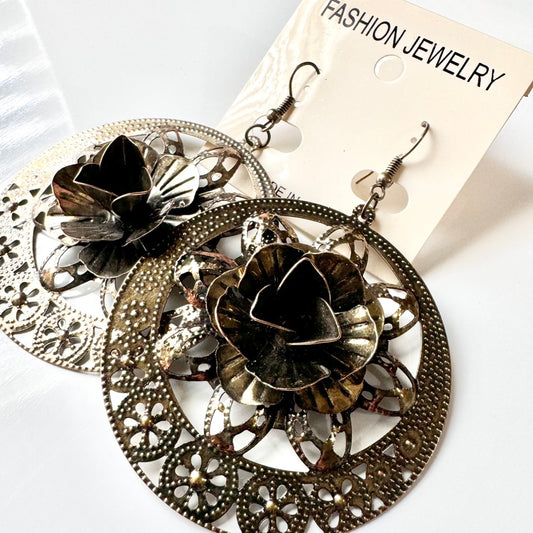 Rose Dangle Earrings antique gold finish