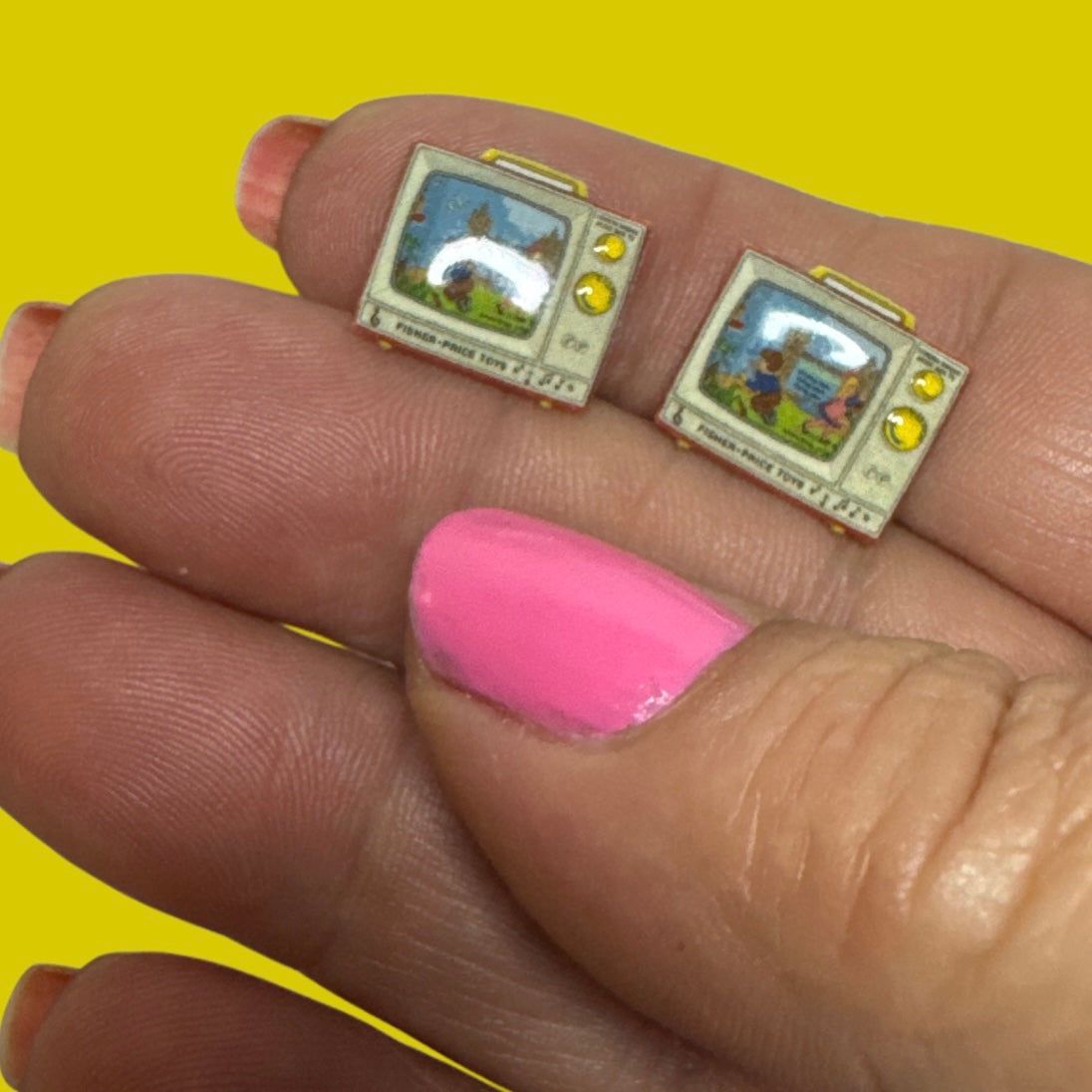 You TV Screen Music Box stud earrings handmade Fisher Price inspired