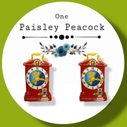 Toy Clock stud earrings Fisher Price inspired handmade