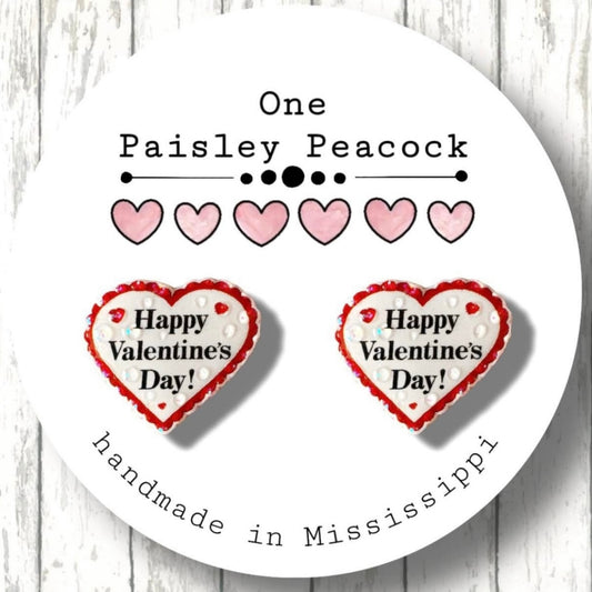 Happy Valentines Day white heart post earrings