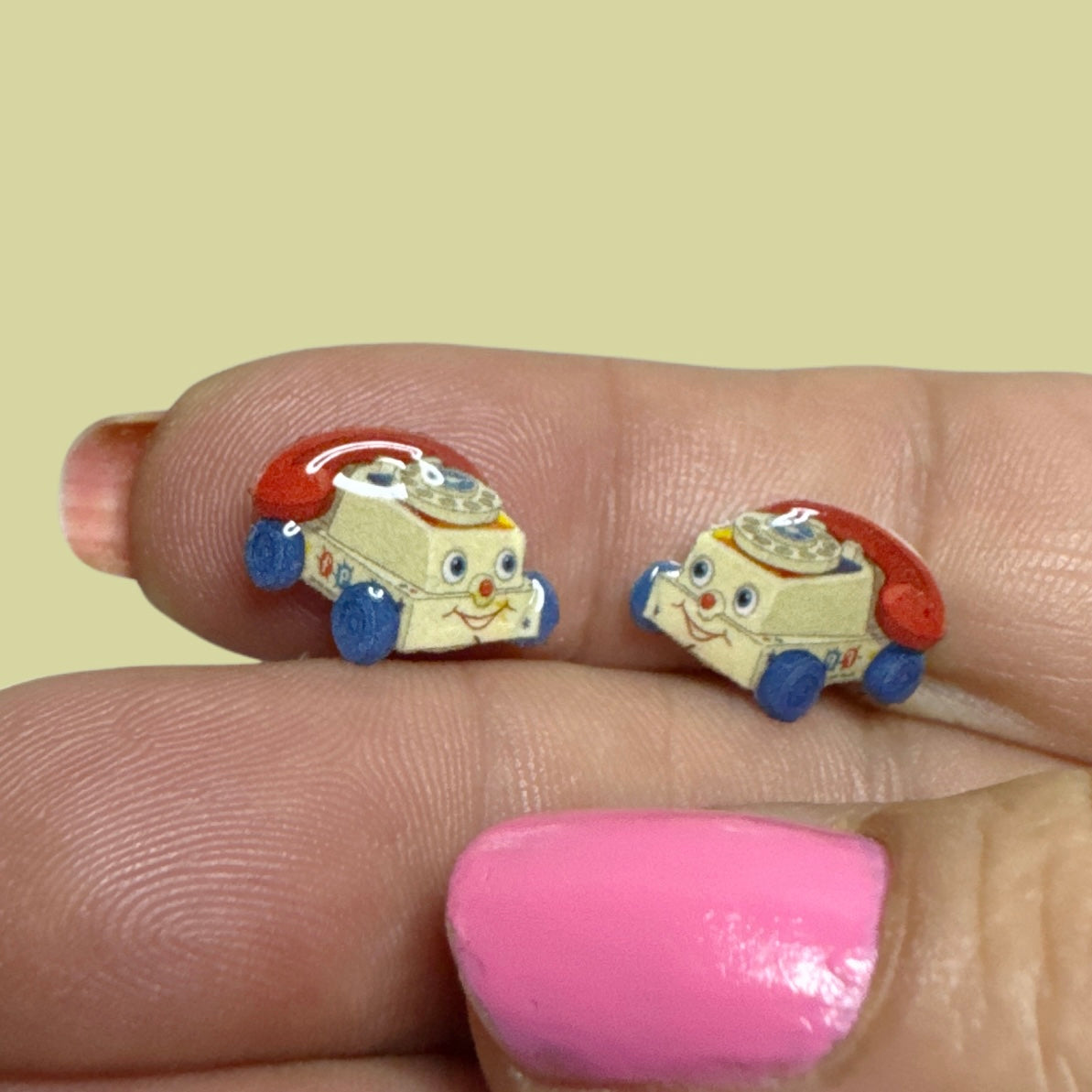 Toy Chatter Box stud earrings handmade Fisher Price inspired