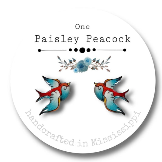Bird earrings-swallow teal red