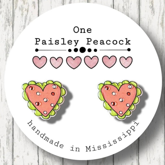 Valentines Day pink Green heart post earrings