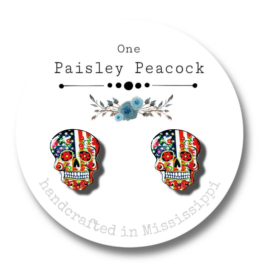 Sugar Skulls stud earrings-American flag