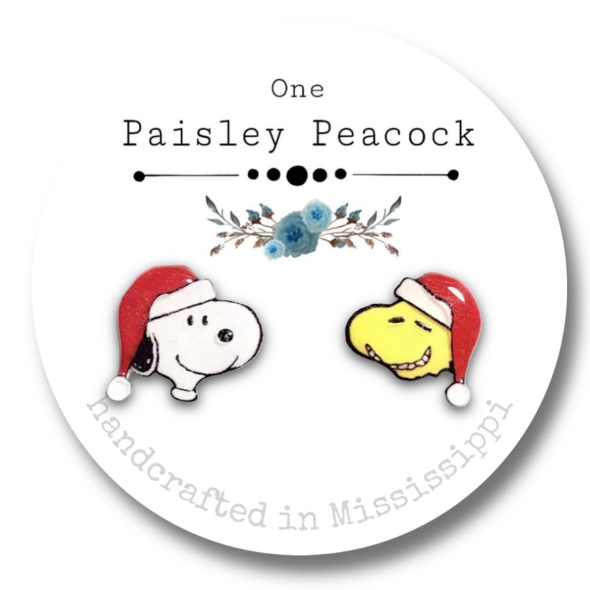 Stud earrings-snoopy Santa hat wood