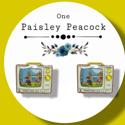 You TV Screen Music Box stud earrings handmade Fisher Price inspired