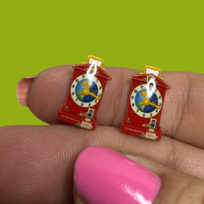 Toy Clock stud earrings Fisher Price inspired handmade