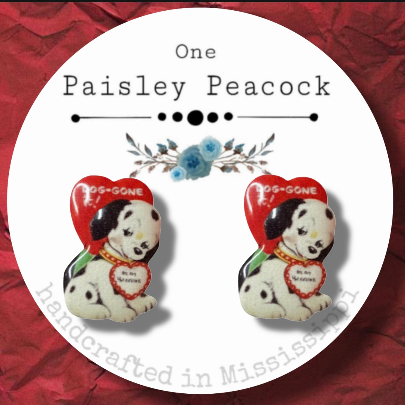 Valentines Day puppy dog vintage card inspired post earrings