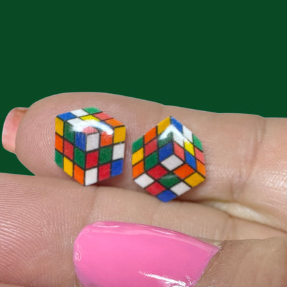 Rubik’s cube inspired handmade stud earrings