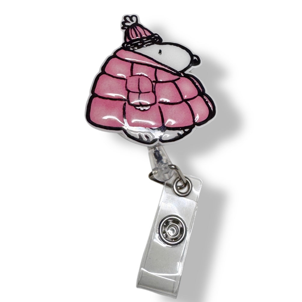 Snoopy Pink Puffer Badge Reel Inspired Handmade