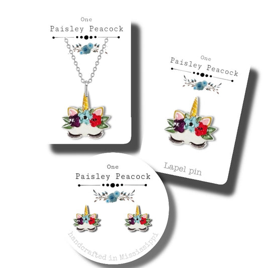 Cartoon stud earrings-floral unicorn