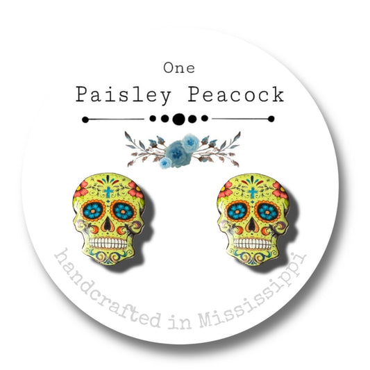Sugar Skulls stud earrings-Lime
