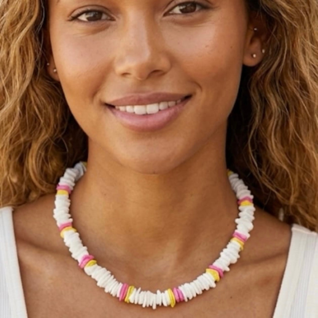 18 inch Puka Shell Necklace white pink yellow