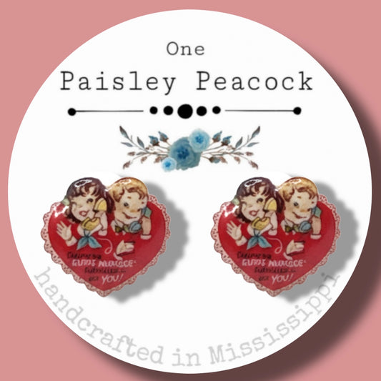 Valentines Day Red Heart vintage card post earrings