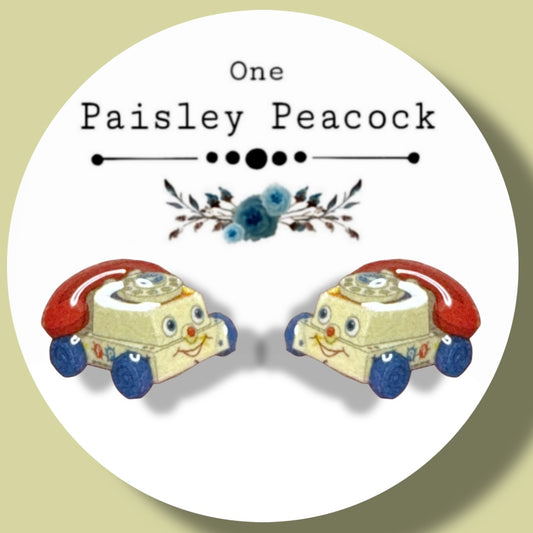 Toy Chatter Box stud earrings handmade Fisher Price inspired
