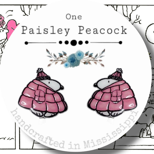 Valentines Day pink Coat Snoopy inspired post earrings