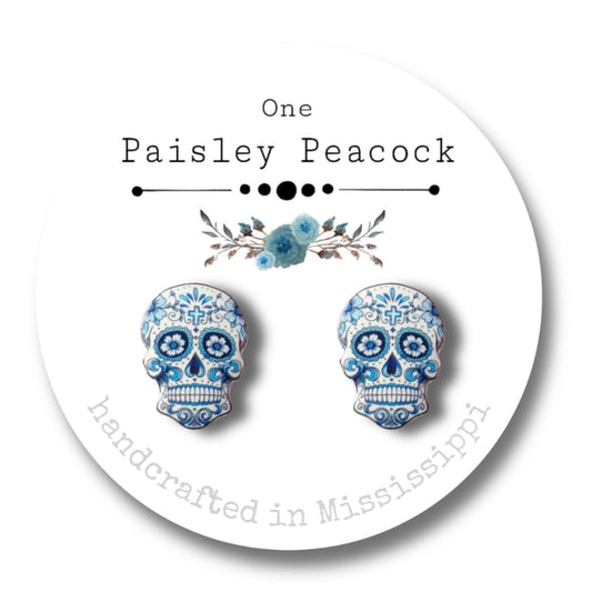 Sugar Skulls stud earrings-blue delft