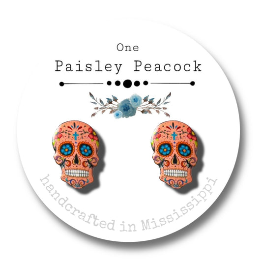 Sugar Skulls stud earrings-coral