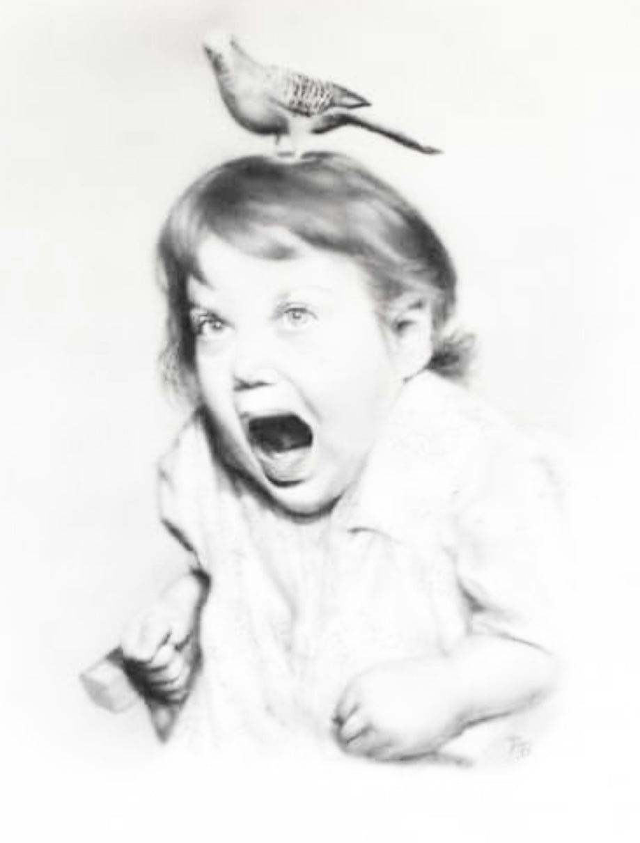 Child Portrait with bird Pencil drawing-