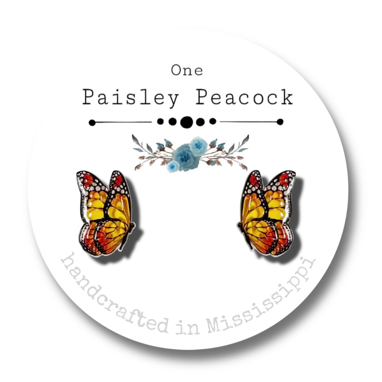 Butterfly Stud Earrings-Monarch-Orange-Amber